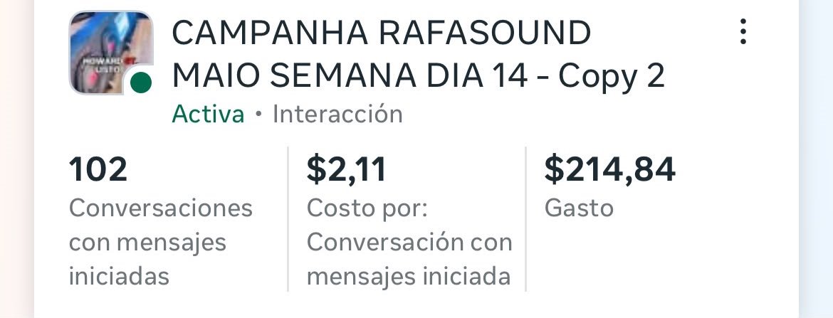Meta Ads results for Rafa Sound: 102 conversations at $2.11 each, $214.84 spent
